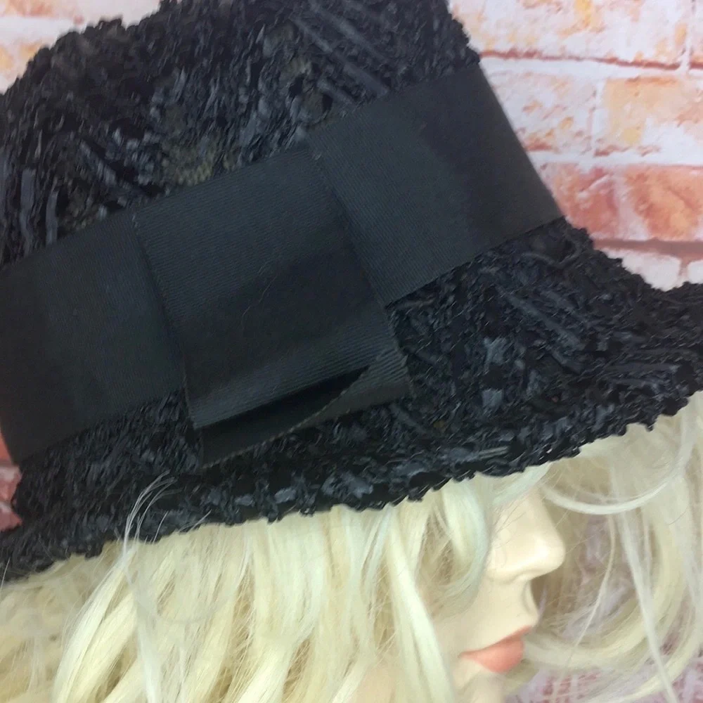 Vintage MCM Black Raffia Beach Cloche Hat